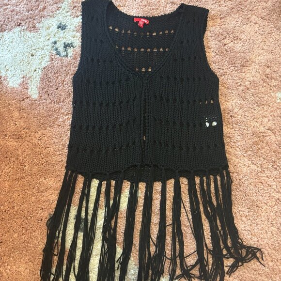 VTG Bongo Crochet Fringe Vest Topper Boho Hippie Festival Womens L Black 90s Y2K - Picture 1 of 5
